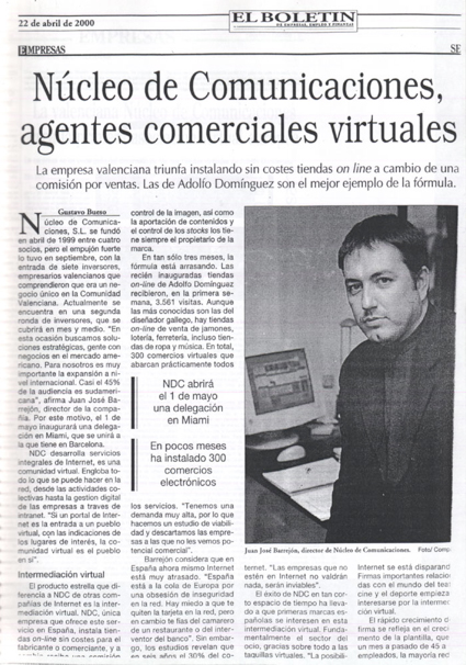El Boletín, 22 de abril de 2000: Núcleo de Comunicaciones, agentes comerciales virtuales